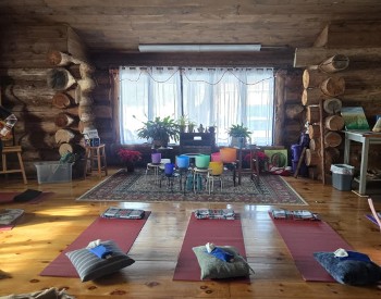 multi colored signing bowls on stands in a log cabin with yoga mats on the floor