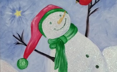 Painting of a snowman holding a red cardinal