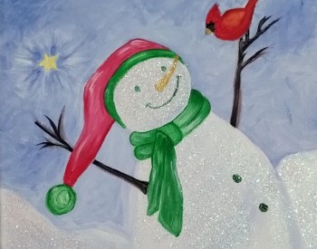 Painting of a snowman holding a red cardinal