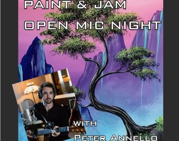 mountain and tree painting with open mic