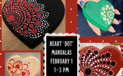 Hearts painted with dots that form a mandala pattern