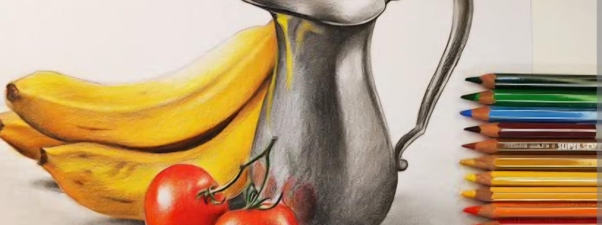 Colored pencil drawing of bananas, a silver pitcher and tomatoes with colored pencils