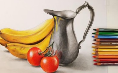 Colored pencil drawing of bananas, a silver pitcher and tomatoes with colored pencils