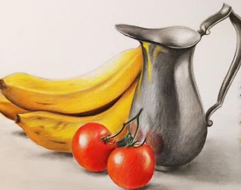 Colored pencil drawing of bananas, a silver pitcher and tomatoes with colored pencils