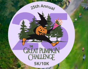 Background is aerial view of 24th Great Pumpkin Challenge with the 25th Great Pumpkin Challenge Logo an the words "25th Annual Great Pumpkin Challenge 5K & 10K and Kids Fun Run"