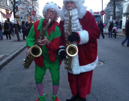 saxophone Santa and an elf