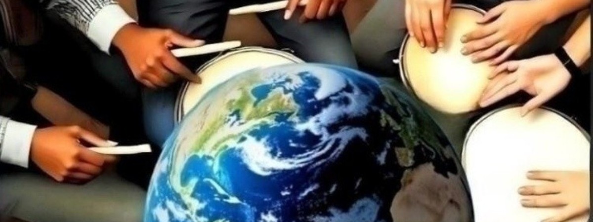 People in a drum circle with the earth shown from space