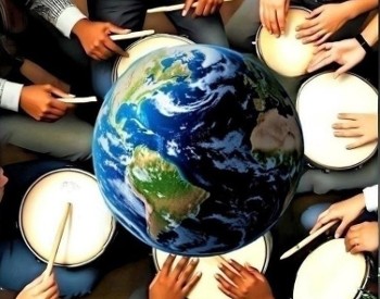 People in a drum circle with the earth shown from space