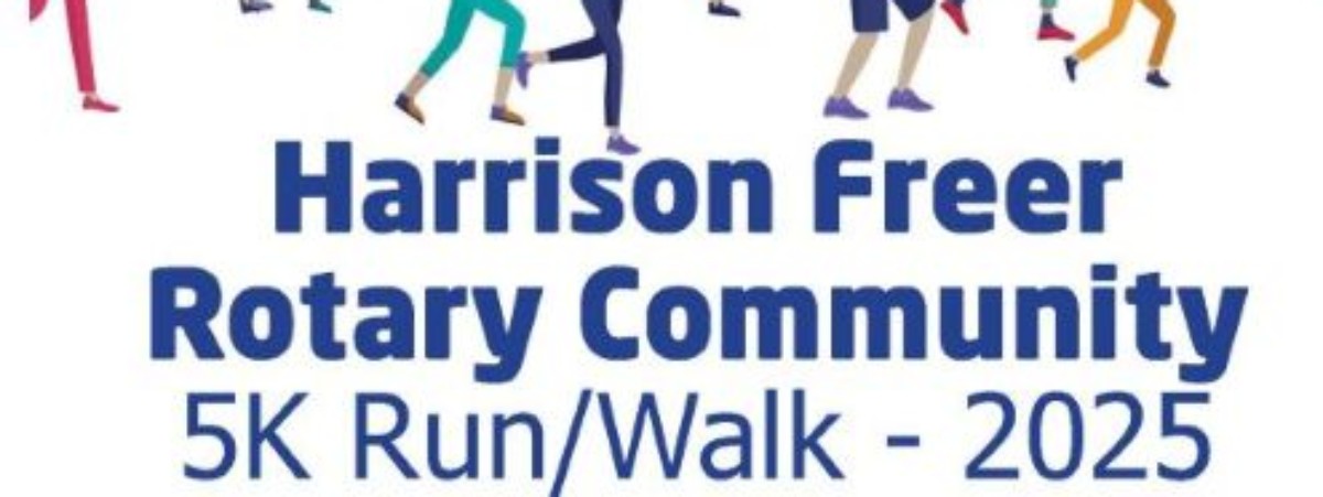 decorative graphic showing runners and the text: "Harrison Freer Rotary Community 5K Run/Walk - 2025"