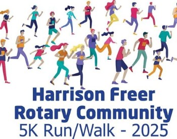 decorative graphic showing runners and the text: "Harrison Freer Rotary Community 5K Run/Walk - 2025"