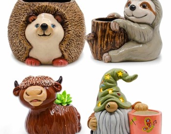 ceramic hedgehog, sloth, Highland cow, gnome