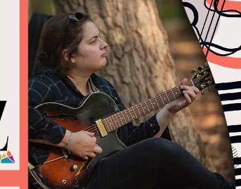 Logo against pink background, artist with guitar on the left.