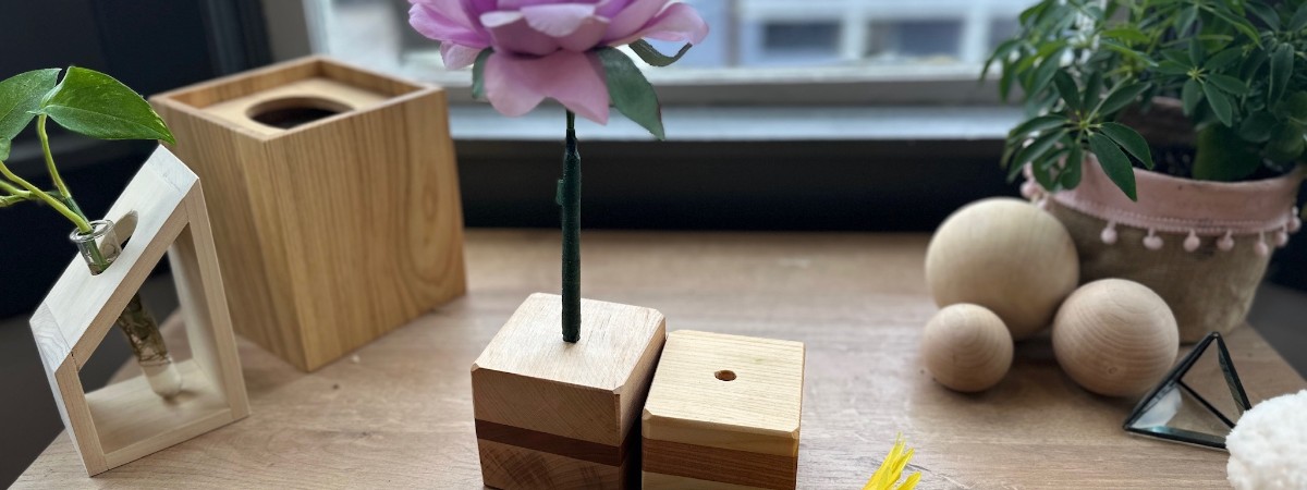 photo of flower pen and wood stand prototype