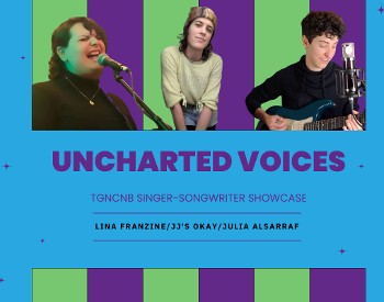 Lina Franzine, JJ’s Okay, and Julia Alsarraf on a striped background and the words "Uncharted Voices"