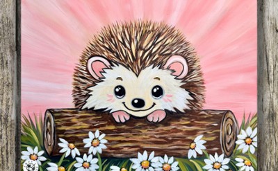 Hedgehog on a log with daisies