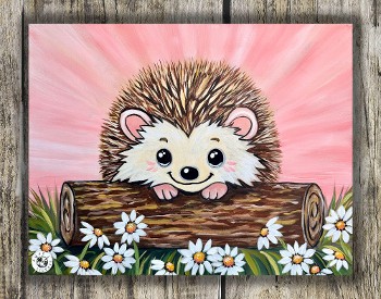 Hedgehog on a log with daisies