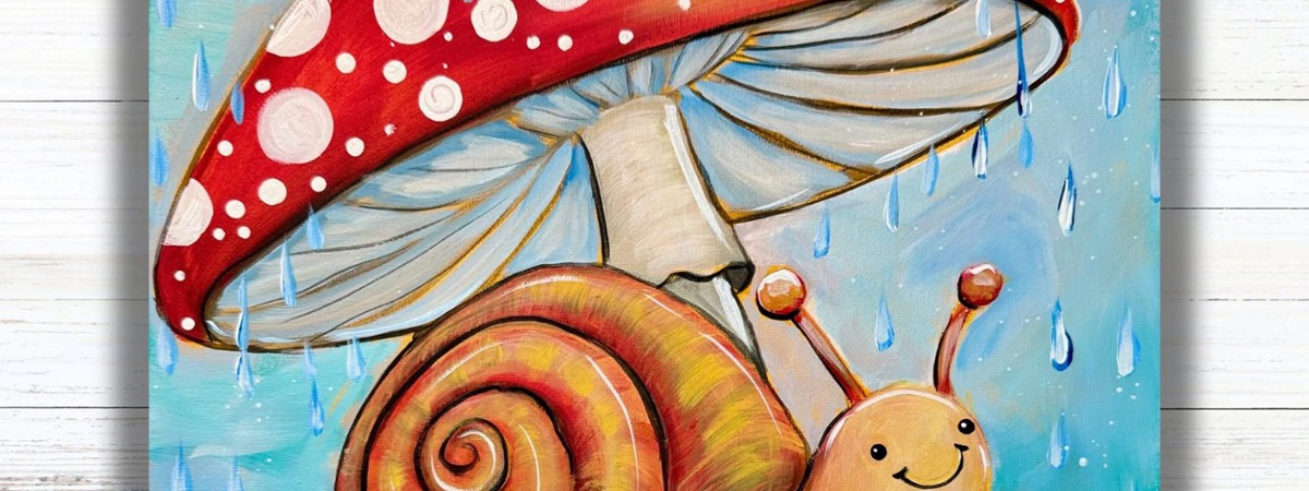 Snail in rainy under red cap mushroom as umbrella