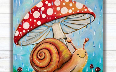Snail in rainy under red cap mushroom as umbrella