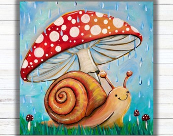Snail in rainy under red cap mushroom as umbrella