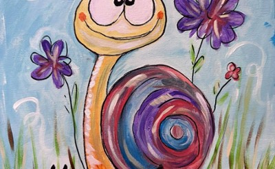 A painting of a snail with flowers that says, keep going