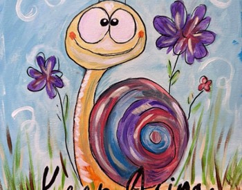 A painting of a snail with flowers that says, keep going