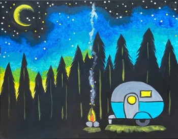 A painting of a travel trailer camper in front of a fire under a starry night sky