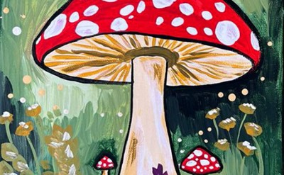 A painting of a redtop mushroom with white dots on the forest floor