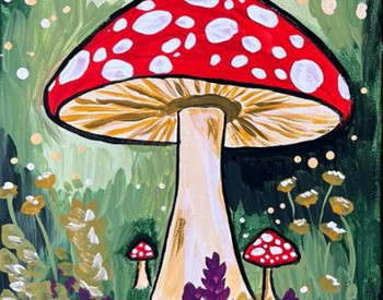 A painting of a redtop mushroom with white dots on the forest floor