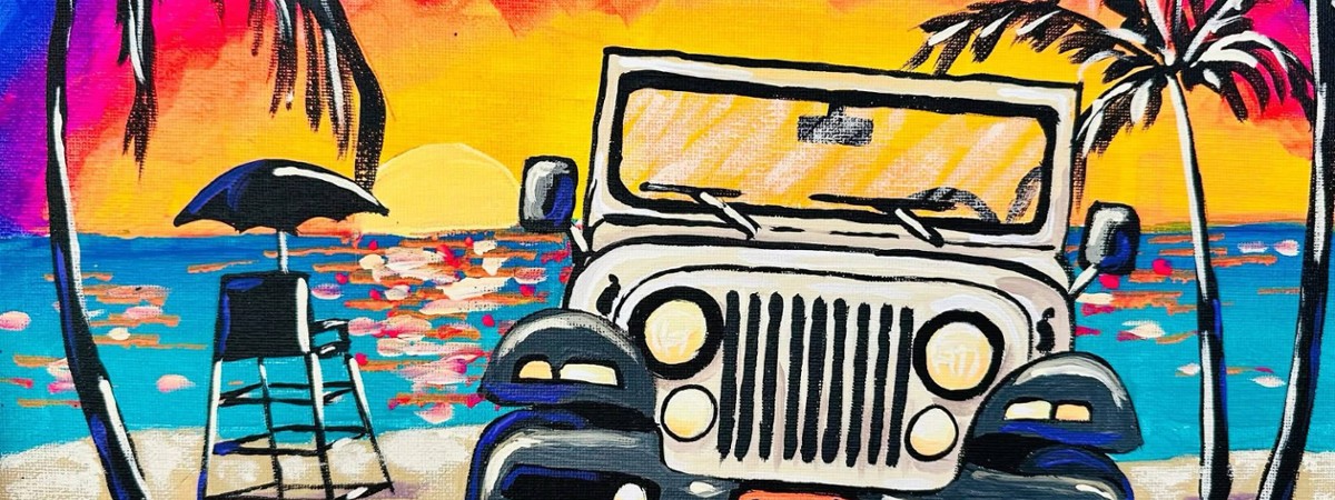 A painting of a jeep on the beach with a colorful sky