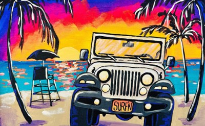A painting of a jeep on the beach with a colorful sky