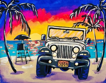 A painting of a jeep on the beach with a colorful sky