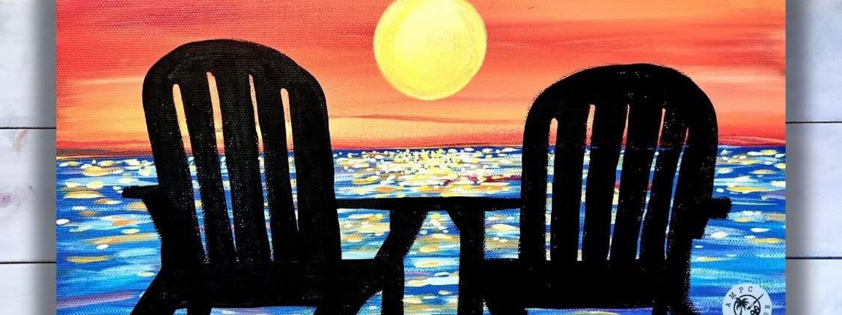 A painting of two Adirondack Chairs facing the sunset