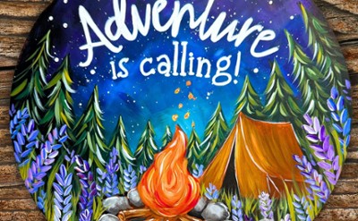 A painting of a tent with a campfire in the woods at night