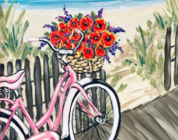 A painting of a bike parked on a fence near a beach with flowers in the basket