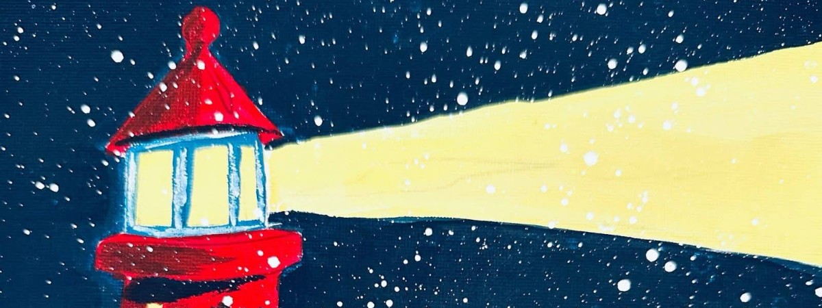 A painting of a lighthouse on the beach, with snow and a Christmas wreath