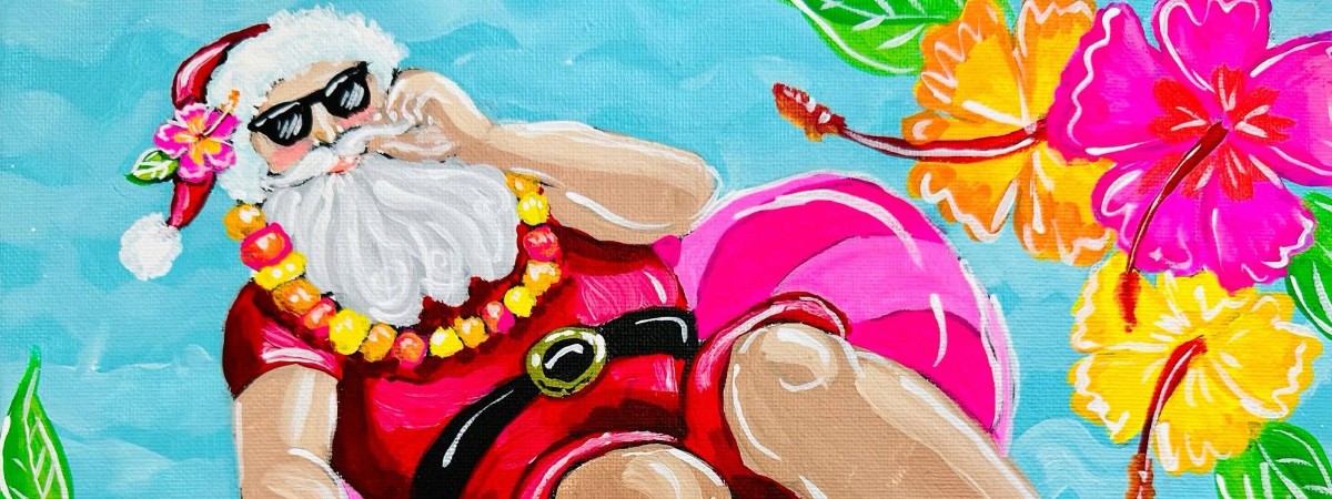 A painting of santa in sunglasses floating in water surrounded by flowers