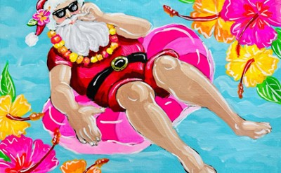 A painting of santa in sunglasses floating in water surrounded by flowers