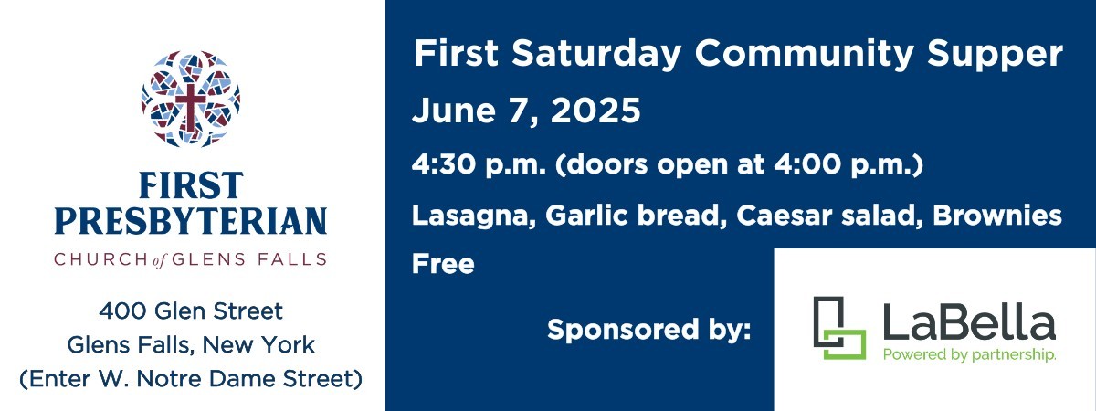Banner for the First Saturday Community Supper event, featuring event details and logos of First Presbyterian Church and LaBella Associates.