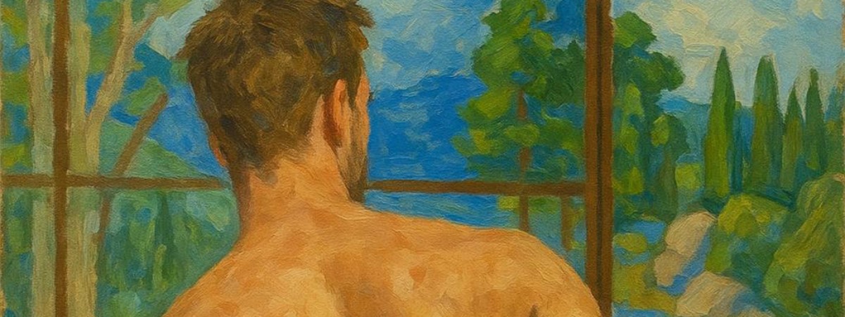 painting of a man looking over his shoulder at a landscape