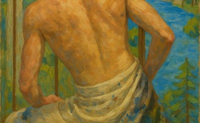 painting of a man looking over his shoulder at a landscape