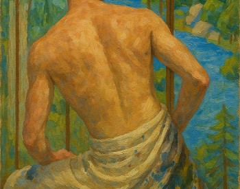 painting of a man looking over his shoulder at a landscape