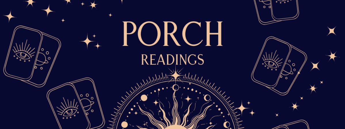 blue background with gold cards, a sun and the words "Porch Readings, Amy Nolte Soul Energy Evolution"