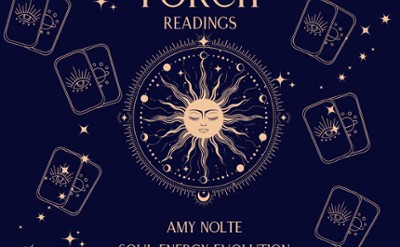 blue background with gold cards, a sun and the words "Porch Readings, Amy Nolte Soul Energy Evolution"