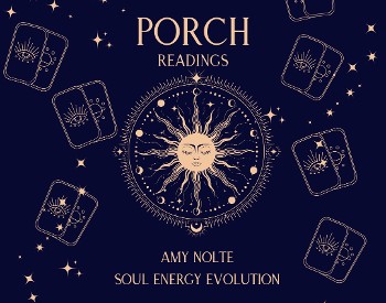 blue background with gold cards, a sun and the words "Porch Readings, Amy Nolte Soul Energy Evolution"