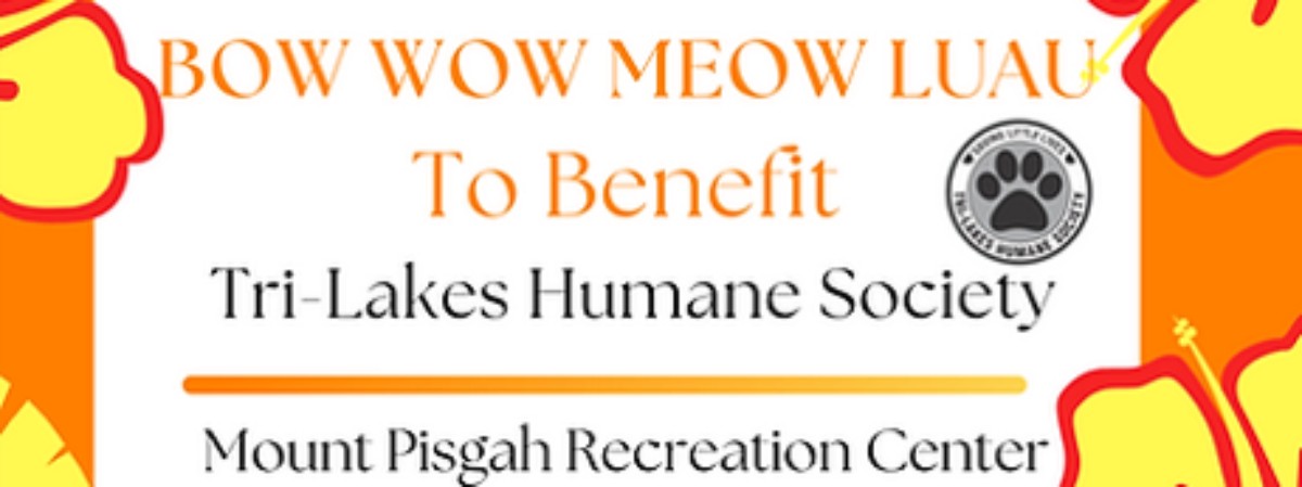 poster advertising the bow wow meow luau with a logo and flower border