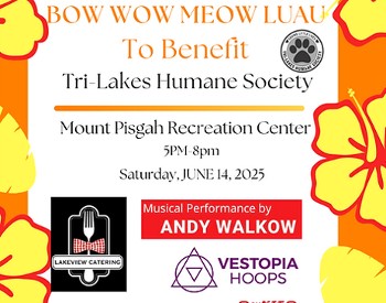 poster advertising the bow wow meow luau with a logo and flower border