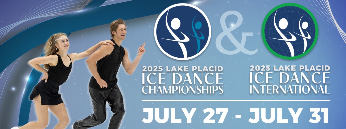 A man and woman skating together in an ice dance routine on a blue poster background