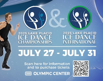 A man and woman skating together in an ice dance routine on a blue poster background