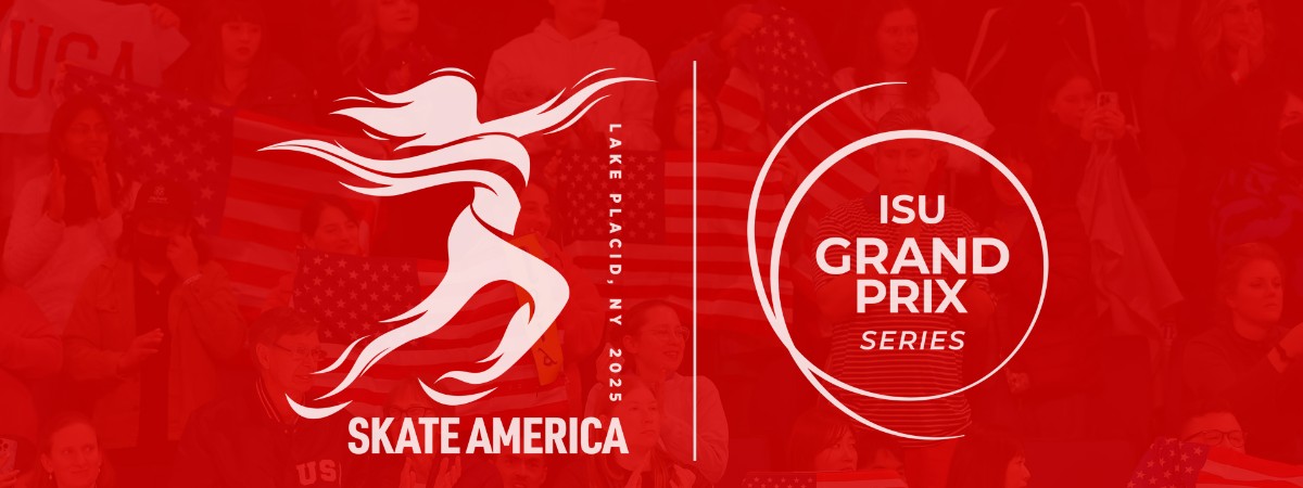 Skate America logo on a red background with event details