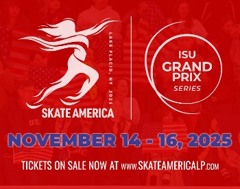 Skate America logo on a red background with event details